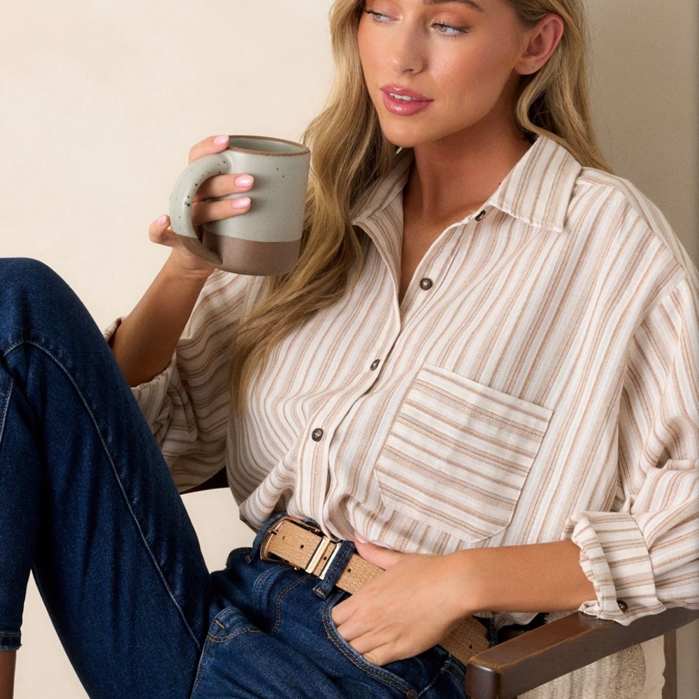 BOHO HARMONY IVORY BUTTON FRONT STRIPE TOP brand new with tags